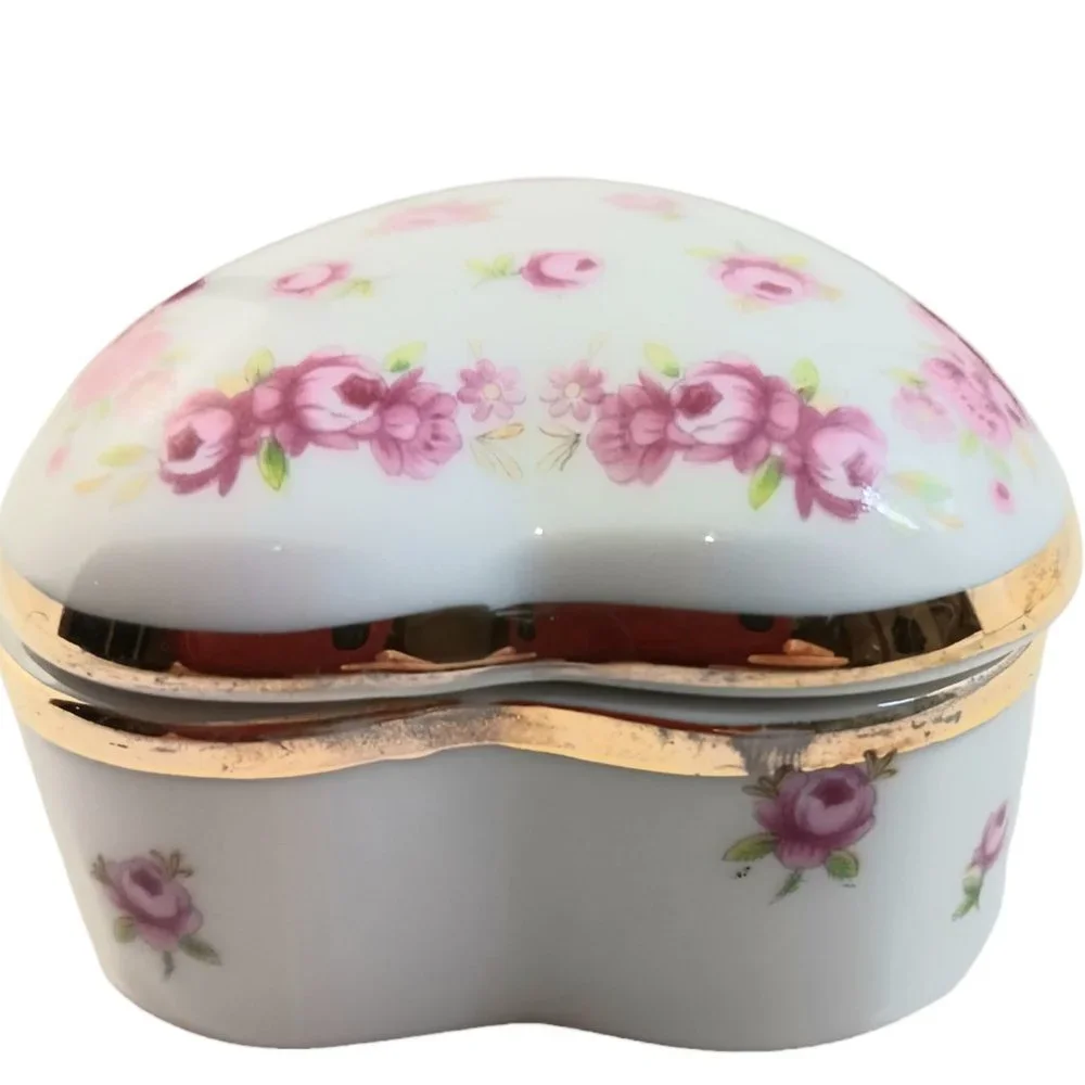 Lefton Heart Shaped Trinket Box Pink Flowers Gold Trim Jewlery Box